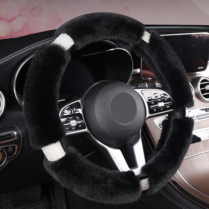 Four Seasons Universal 38cm Car Steering Wheel Cover With Bling Rhinestones Diamond Fur Furry Rhinestone Mosaic Car Accessories
