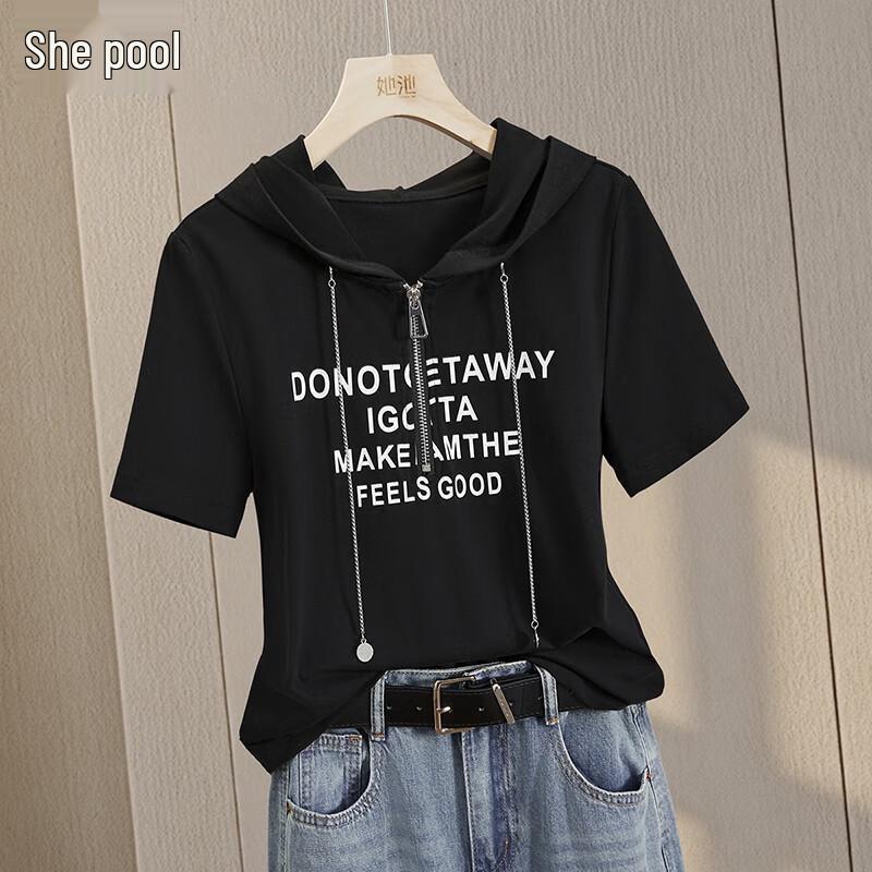Shechi Women s 2025 Summer Hooded Half-Zip Short Sleeve Printed T-Shirt S