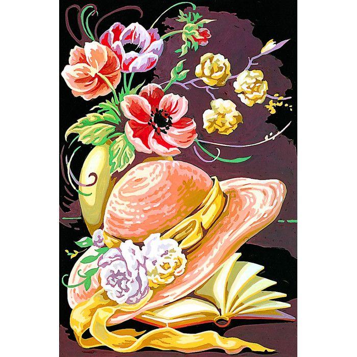 Canevas antique Le chapeau et le livre fleuri 30x40cm