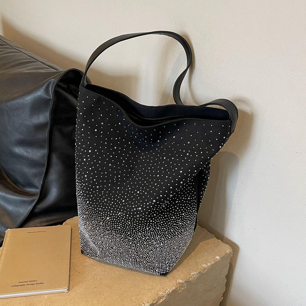 Women'S Glittery Canvas Tote Bag - Large Capacity, Sparkling Diamond Pattern, Zipper Closure, Polyester Lining, Ideal