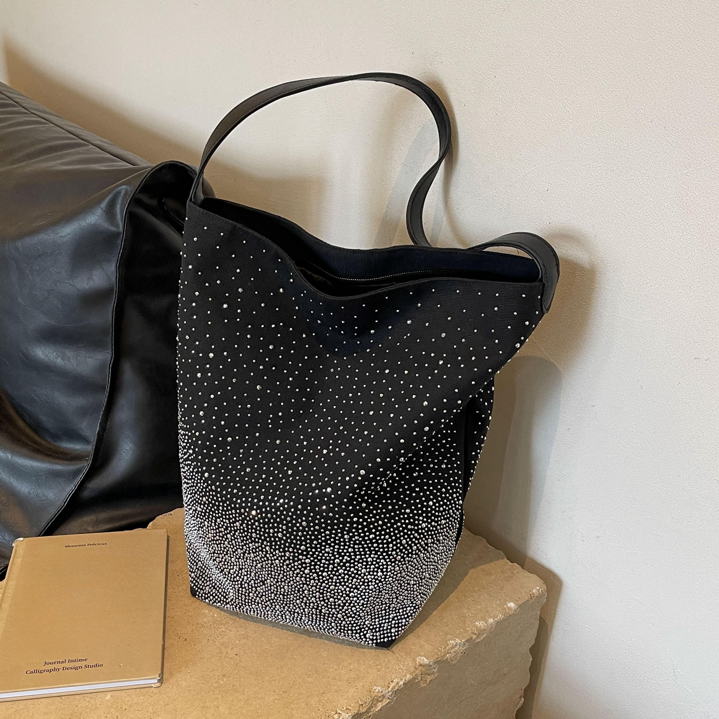 

Женская блестящая холщовая сумка-тоут - Большая вместимость, сверкающий ромбовидный узор, застежка-молния, полиэстеровая подкладка, идеальна чёрный