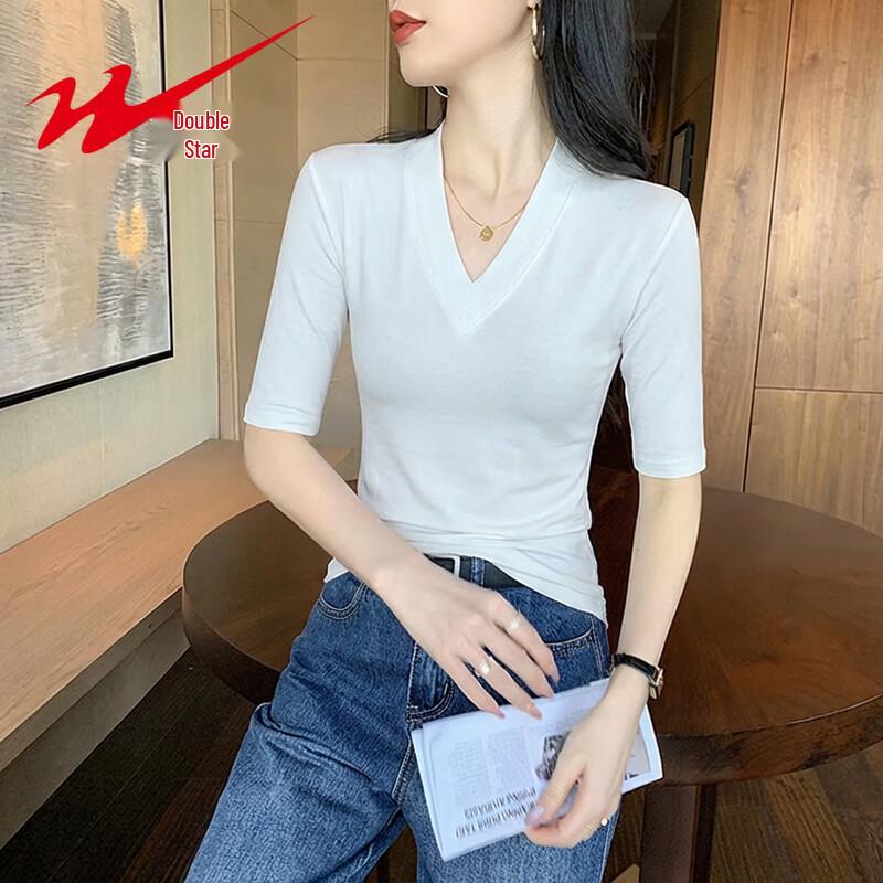 Women s Ribbed Deep V-Neck Mid-Sleeve Slim-Fit T-Shirt XXL