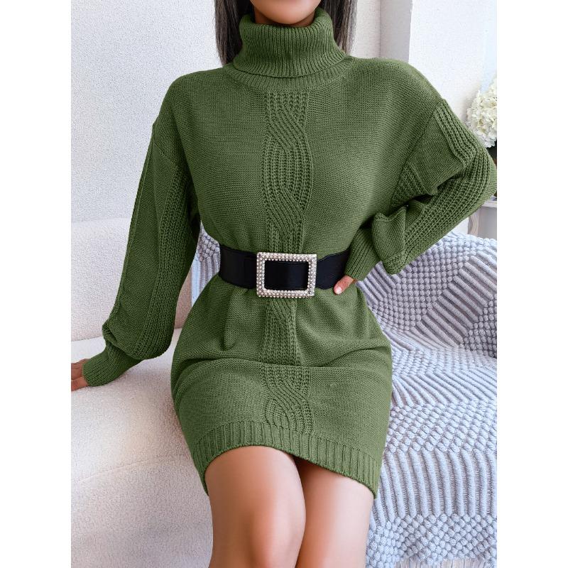 Autumn Winter Womens Casual Turtleneck Lantern Sleeve Knit Dress No Belt