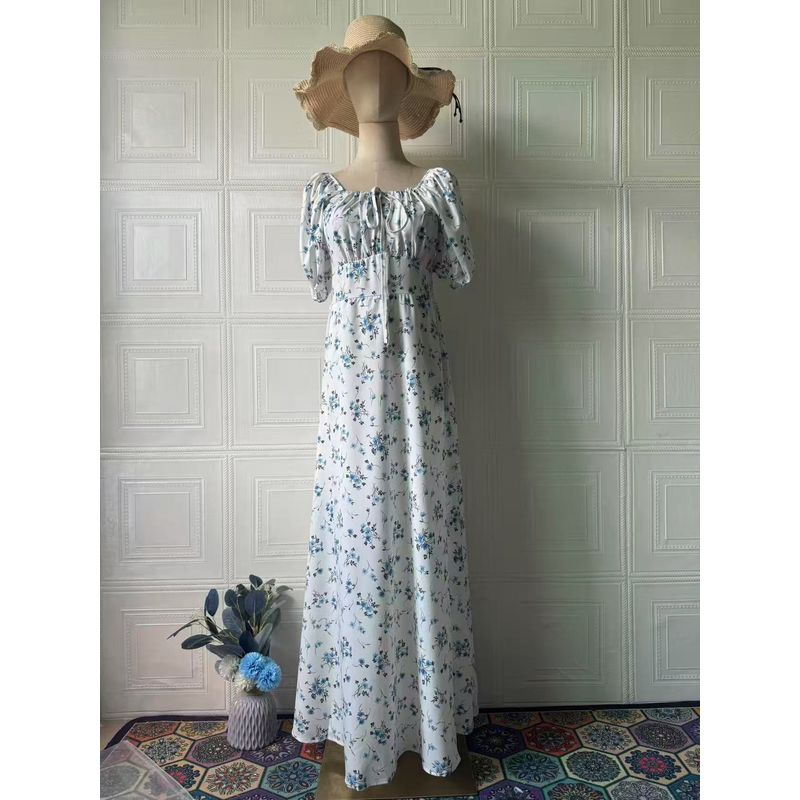 

Fashion Style New Arrival Sweet Printed Short Sleeve Dress Long Dress Printed Short Sleeve Dress Blue Floral XL