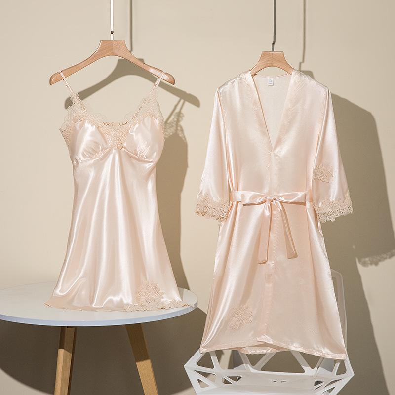 Women's Five-Piece Silk Pajama Set - Sensual Padded Nightdress and Battleship Print for Spring & Summer