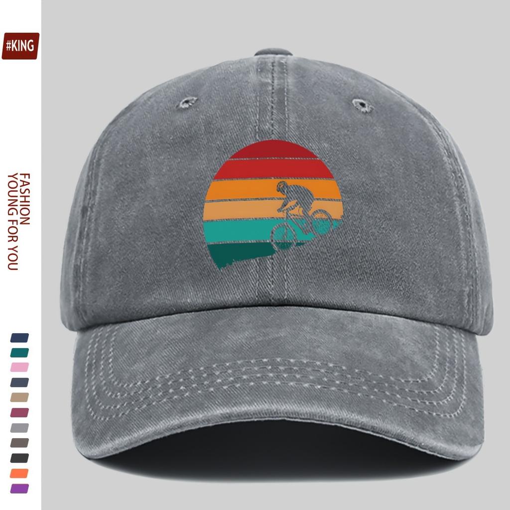 Retro Cycling Sunset Graphic Baseball Cap Washed Cotton Adjustable Sports Outdoor Hat