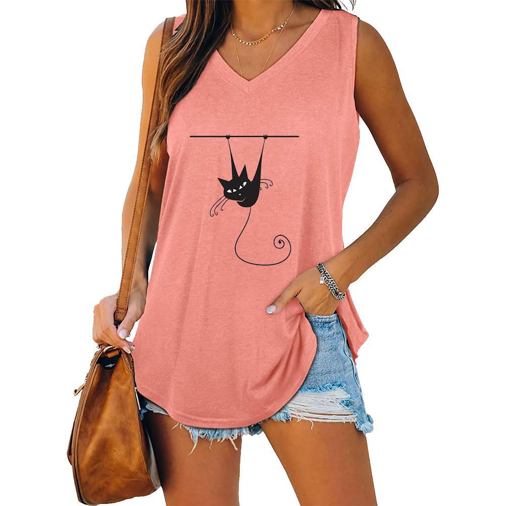Women Fashion V-neck Sleeveless T-shirt Women Casual Cat Printed Tank Top