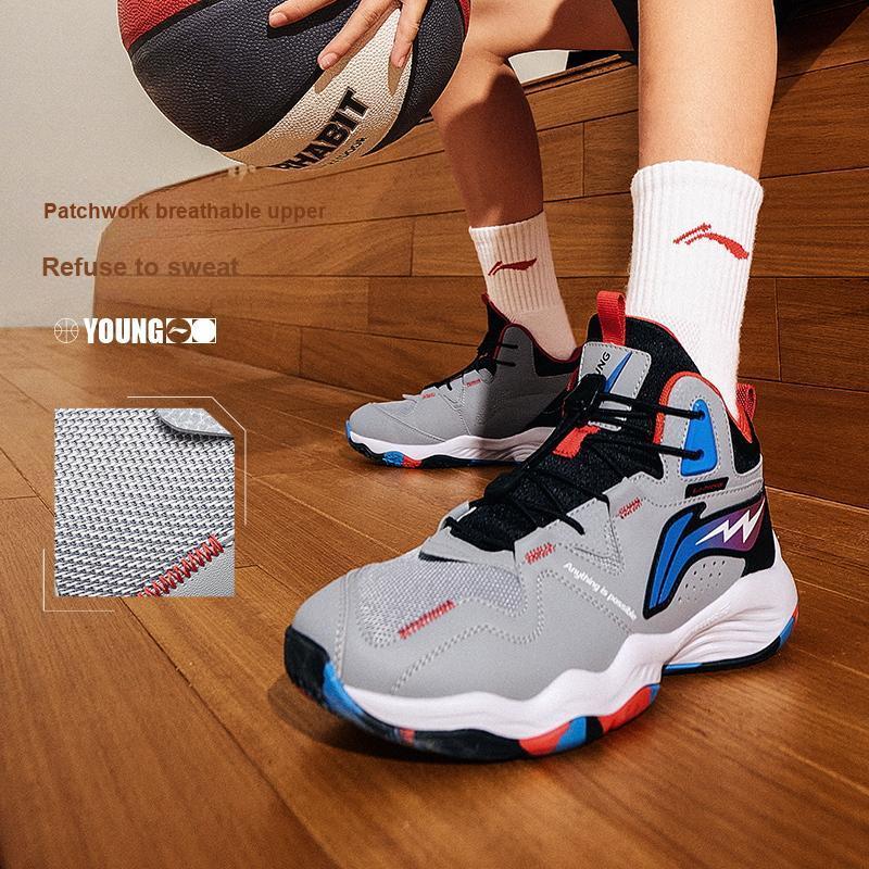Li-Ning Cloud Non-Slip Shock Absorbing Durable Lightweight Rebound Mid-Top Kids Basketball Shoes Kids basketball shoes Snow-Gray YKBT090-9