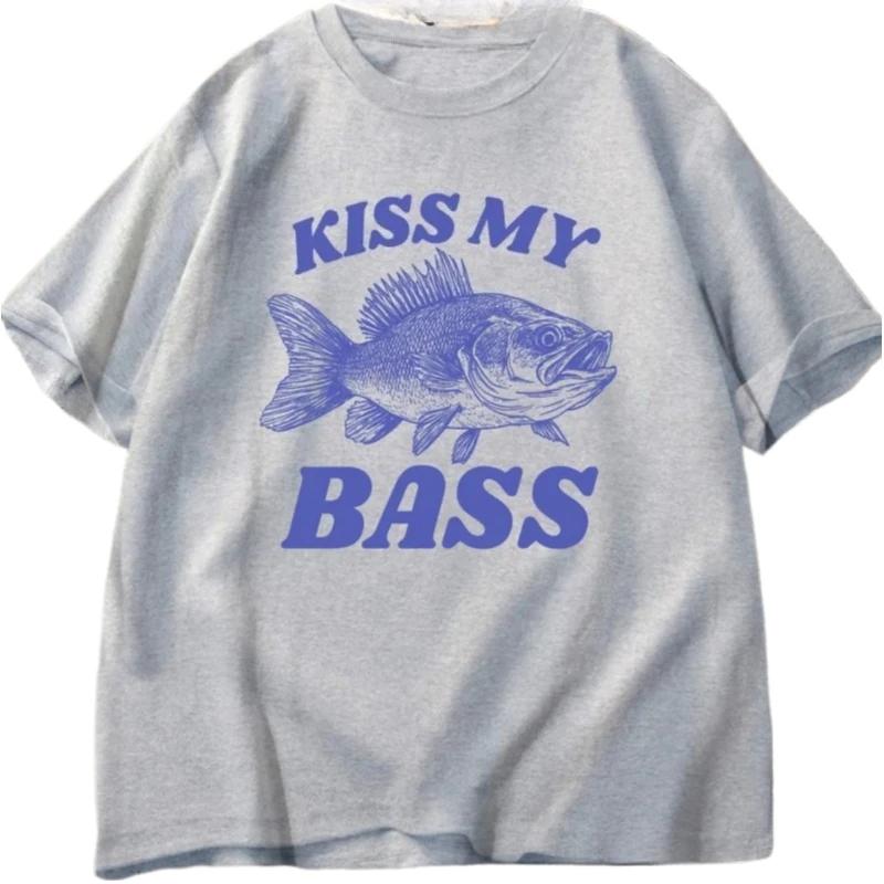 Retro Angel T-Shirt Kiss My Bass Tee Lustiges Damen Papa Opa Angel T-Shirt Outdoor-Mensch Humor Top Angler Geschenk Kleidung T-Shirt