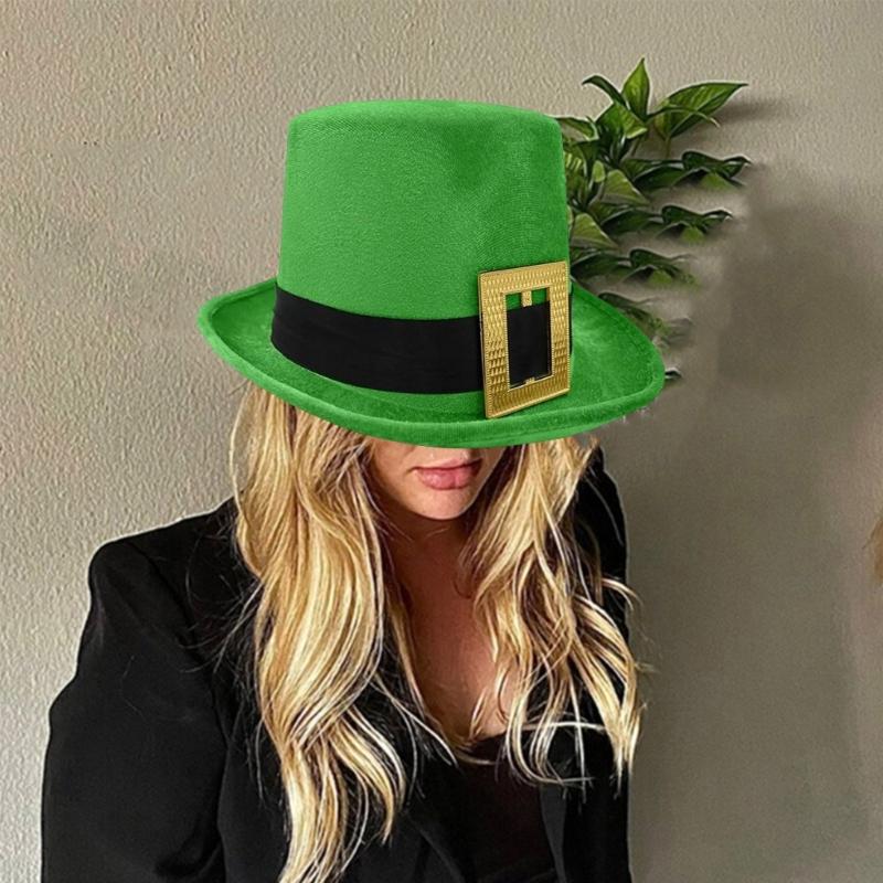 StPatrick Day Green Hat with Gold Buckle Roll Brims Tall Hat Irish National Day Celebration Party Hat Festival Accessory