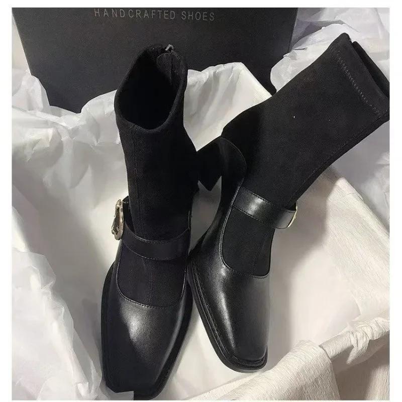 

Замшевые женские ботильоны на толстом каблуке, модные кожаные туфли, трендовые готические ботинки челси, туфли-лодочки, новые зимние ботинки Muejr 35 чёрный