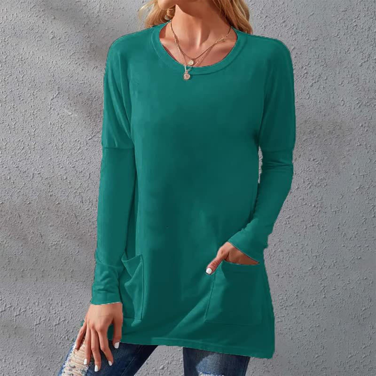 

Ladies Casual Fashion Color Loose Round Neck Long Sleeve T-Shirt With Pockets XL