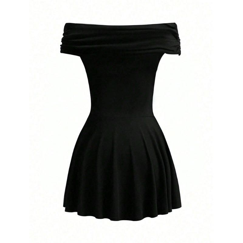 Women Sexy Off Shoulder High Waist Solid Short Pleated A Line Casual Dress
