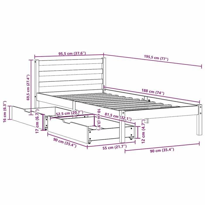 VidaXL Bed Frame with Drawers White 90x190 Cm Solid Pine Wood, Slatted Base, Single Bed Frame, Solid Wood Bed Frame 3301527