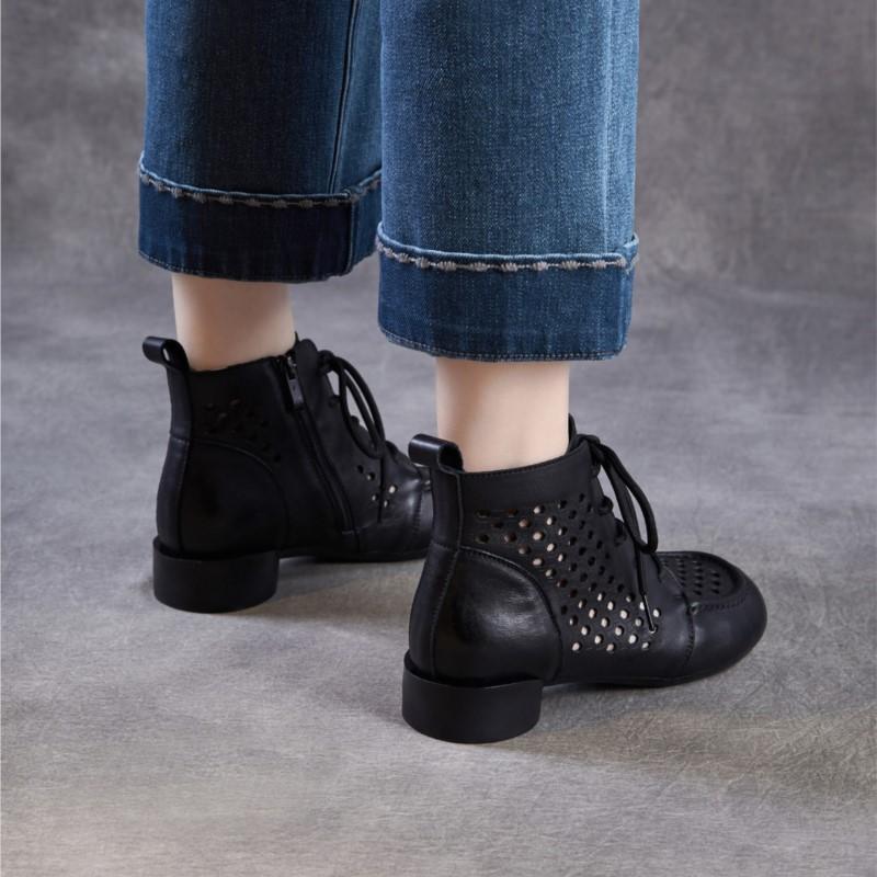 Johnature Жіночі черевики з натуральної шкіри, ретро, на товстому підборі, з вирізами, низький каблук, дихаючі