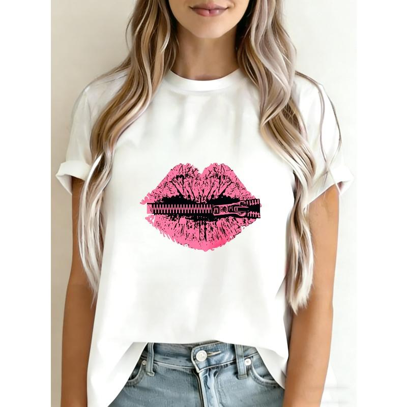 Camiseta Casual Blanca Rosa Labios Estampado con Cremallera para Uso Diario y Atuendos de Moda