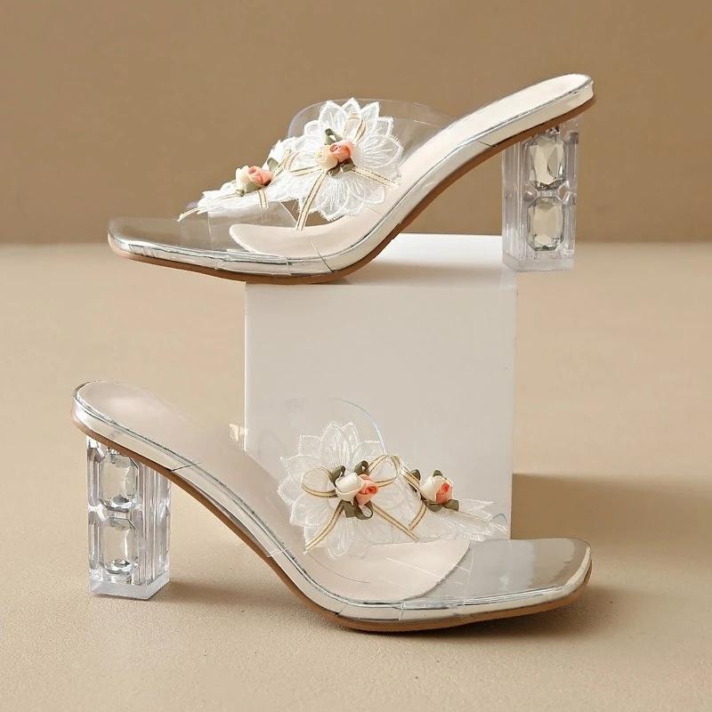 Crystal Square Heel Liangtuo Women's Fashion Square Toe Shallow Mouth Sheer Strap Flower Non-Slip Wear-Resistant High Heels