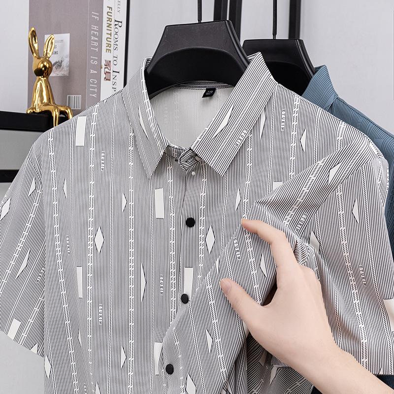 Soft Ice Short Sleeve Striped Men s Summer Printed Lapel Collar Top M