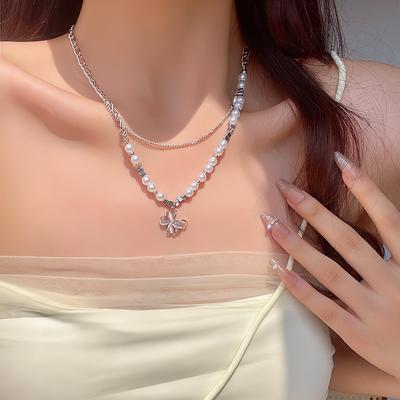 Pink Zircon Butterfly Zircon Double Layered Necklace Luxurious Niche Girl Sweet Collarbone Chain Party Dress Matching