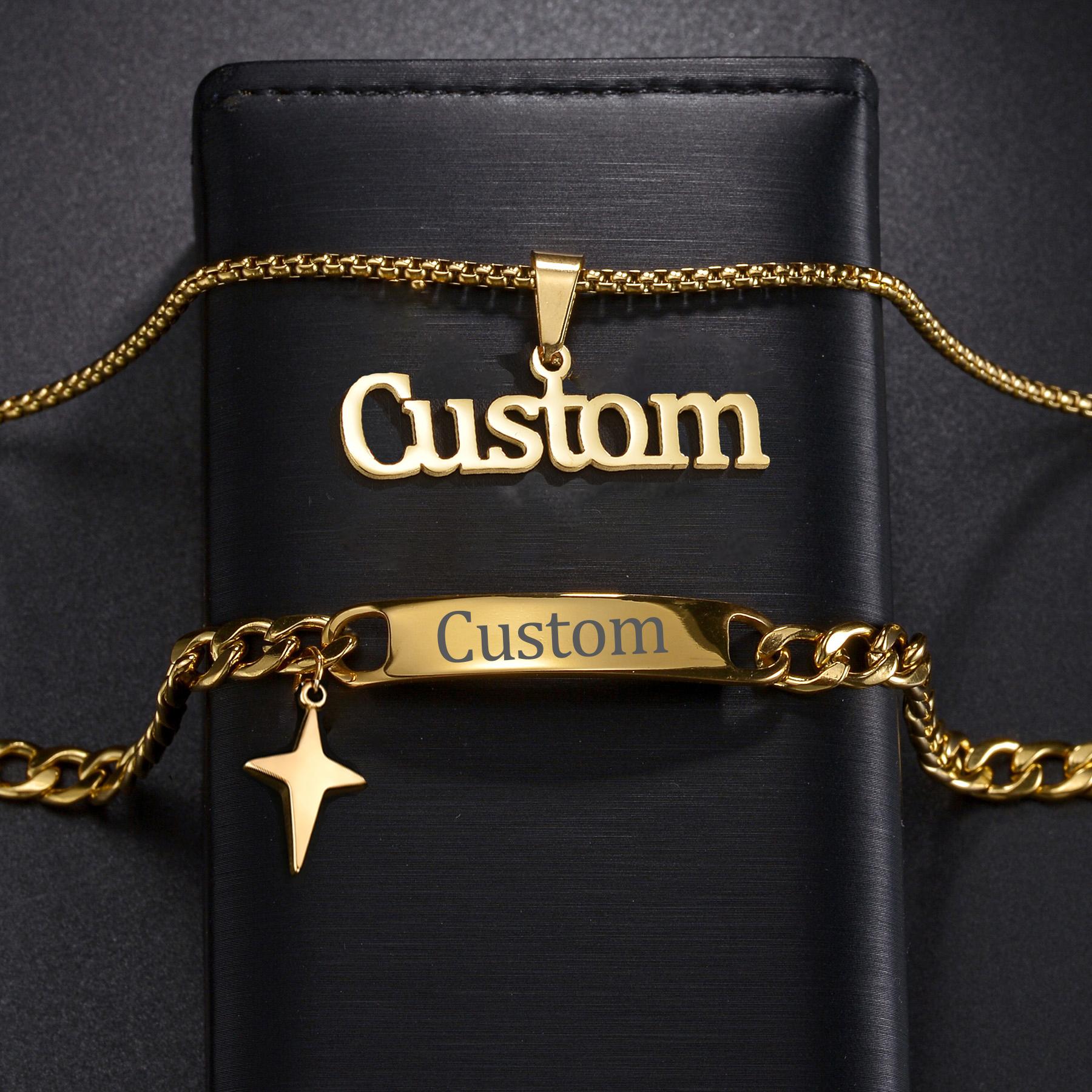 

Atoztide Personalized Custom Name Necklace Bracelet Jewelry Set Heart Stainless Steel Cuban Chain for Women Men Birthday Gift Silver color