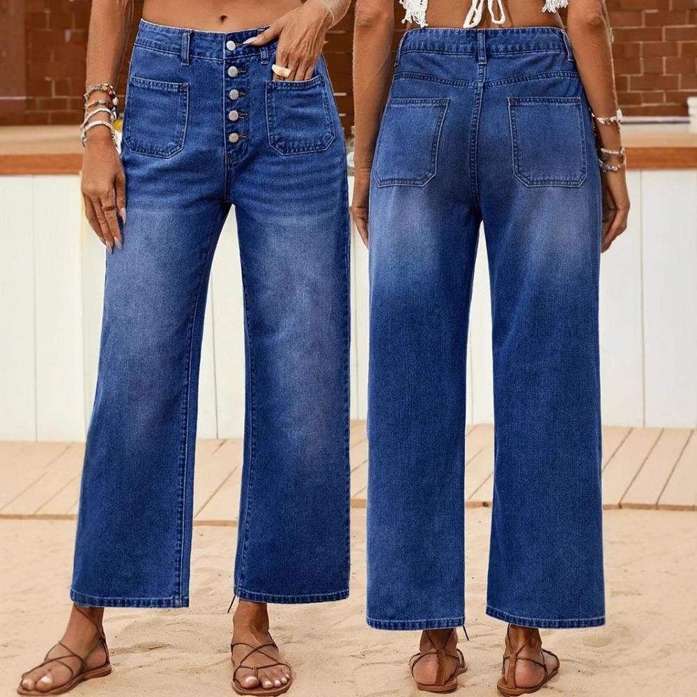 Women's Mid Rise Wide Leg Jeans Loose Fit Button Front Pocket Ankle Length Denim Culottes