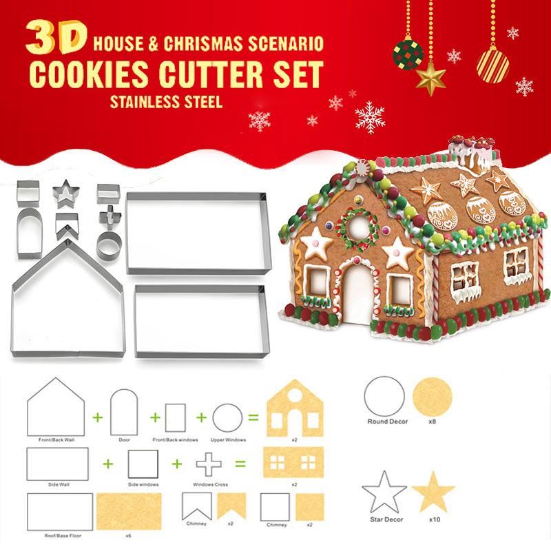 10pcs Stainless Steel Christmas House Cookie Cutter Kit 3D Chocolate House Cookie Cutter Set
