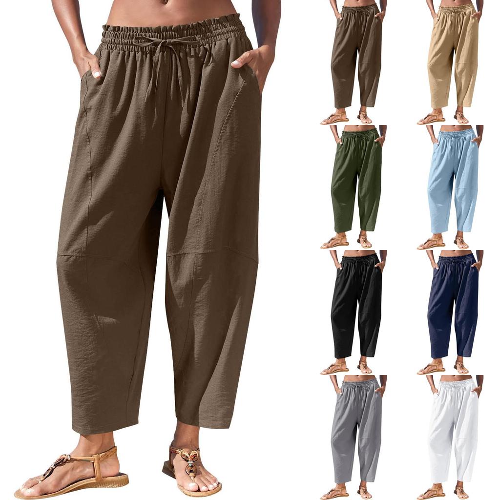 Women Loose Fit Casual Elastic Waist Drawstring Pants with Pockets Lightweight Relaxed Fit Trousers for Everyday Wear