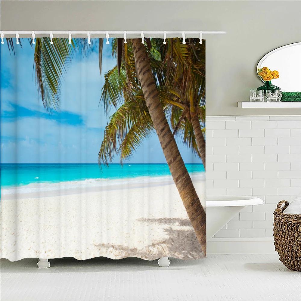 3D Seascape Beach Printed Fabric Shower Curtains Bathroom Curtain Bath Screen Waterproof Products Home Decor with Hooks