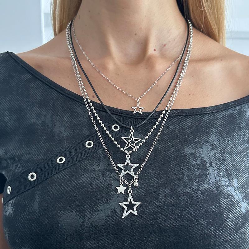 Punk Rock Silver Color Vortex Star Pendant Chain Layered Necklace For Women Men Charms Y2K Grunge Accessories Jewelry