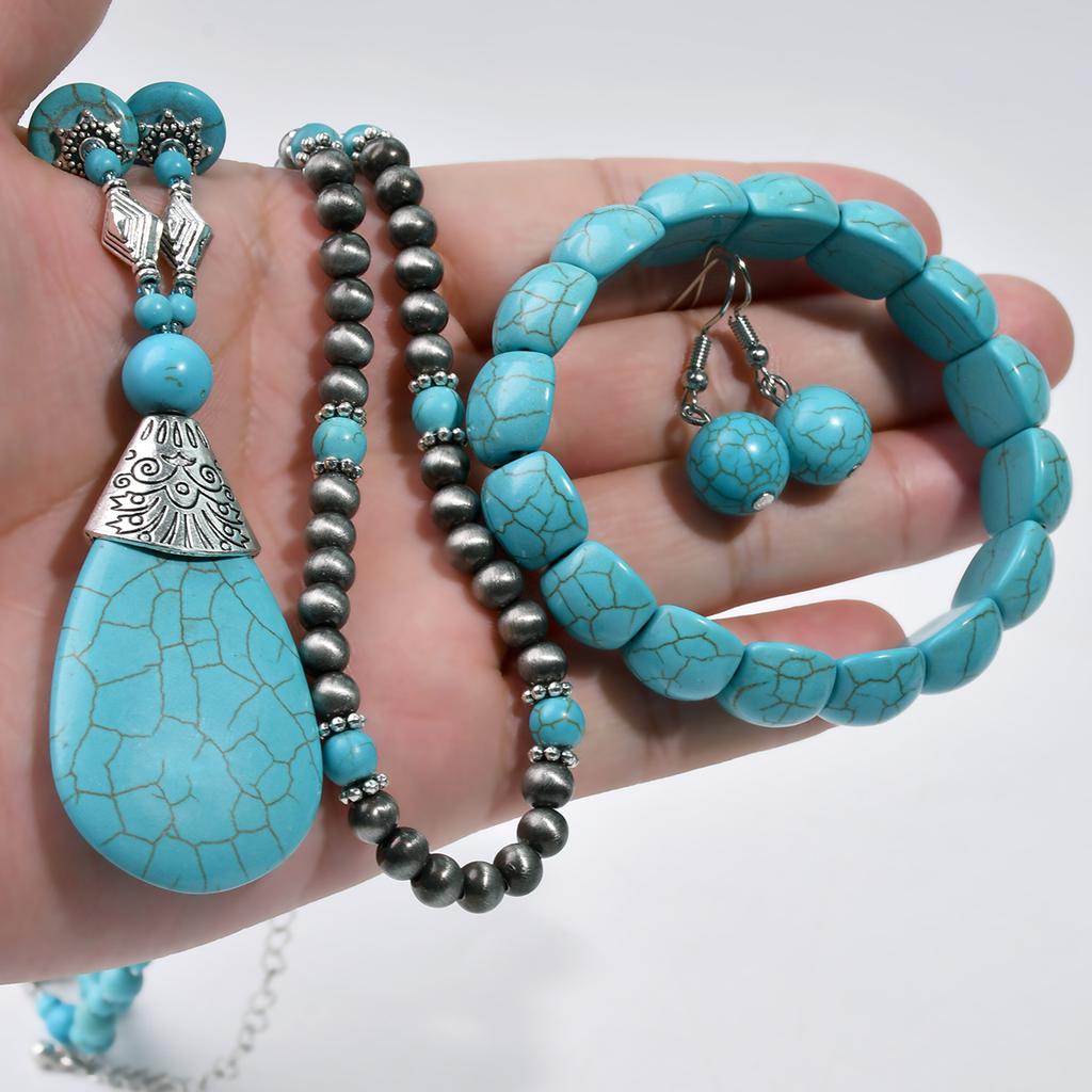 Vintage Round Beads Synthetic Turquoise Necklace Bracelet Earrings Set Women's Classic Trendy Holiday Handmade Zircon