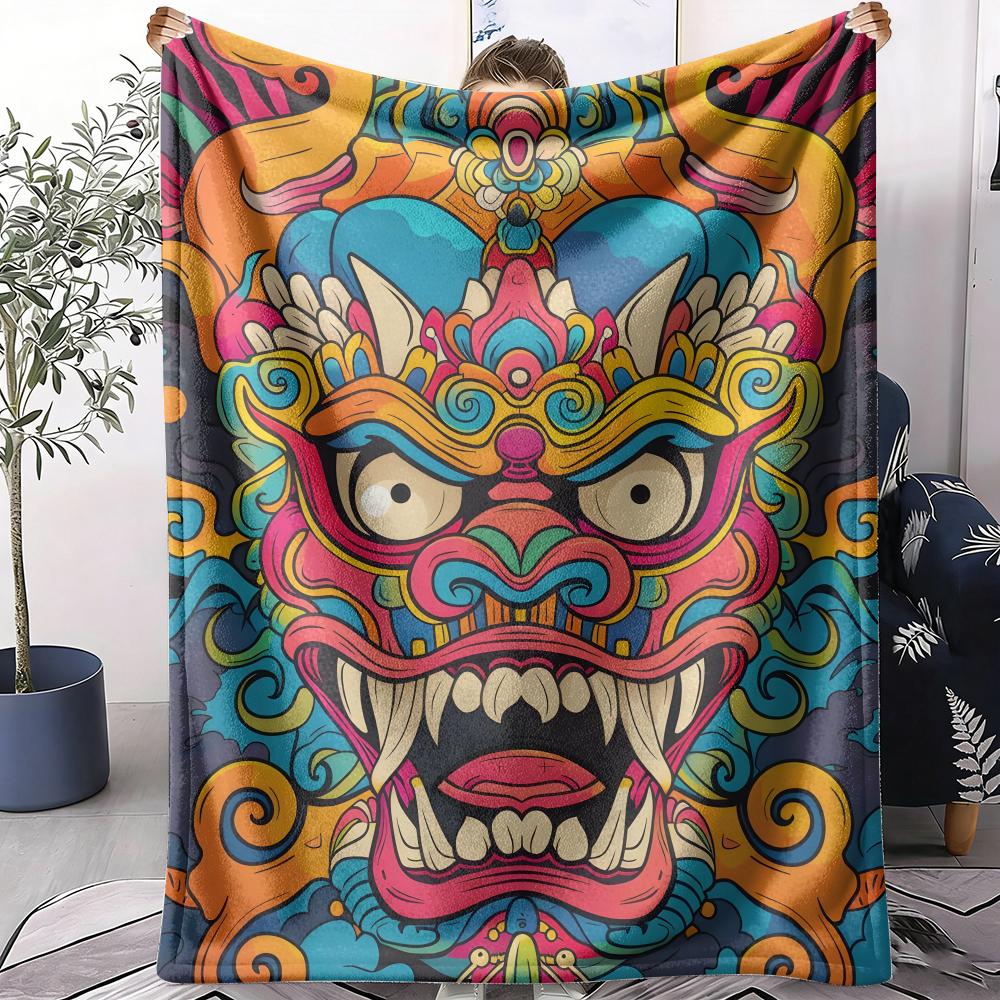 Demon Oni Mask Throw Soft Flannel Throw Summer AC Blanket Lightweight Cool Nap Blanket for Sofa Bed Couch Travel 75X95CM