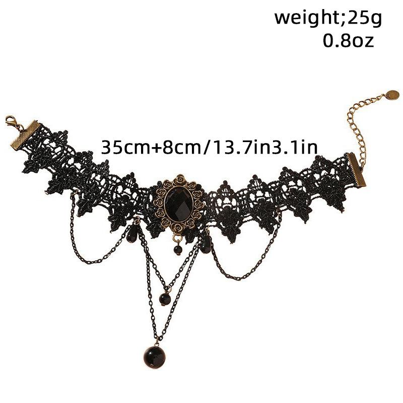 Retro Hollow Black Lace Necklace Medieval Style Lace Accessories Round Bead Pendant Clavicle Chain