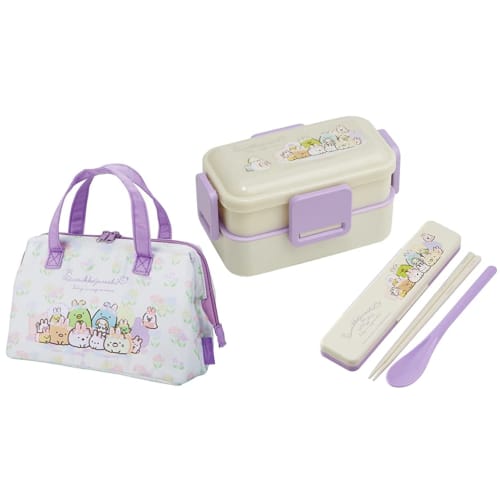 

Skater Sumikko Gurashi 23 Rabbit Garden Antibacterial Dishwasher Safe Soft Lunch Box with 4-Point Lock, 2-Tier, 600ml Combo Set (Chopsticks/Spoon), In