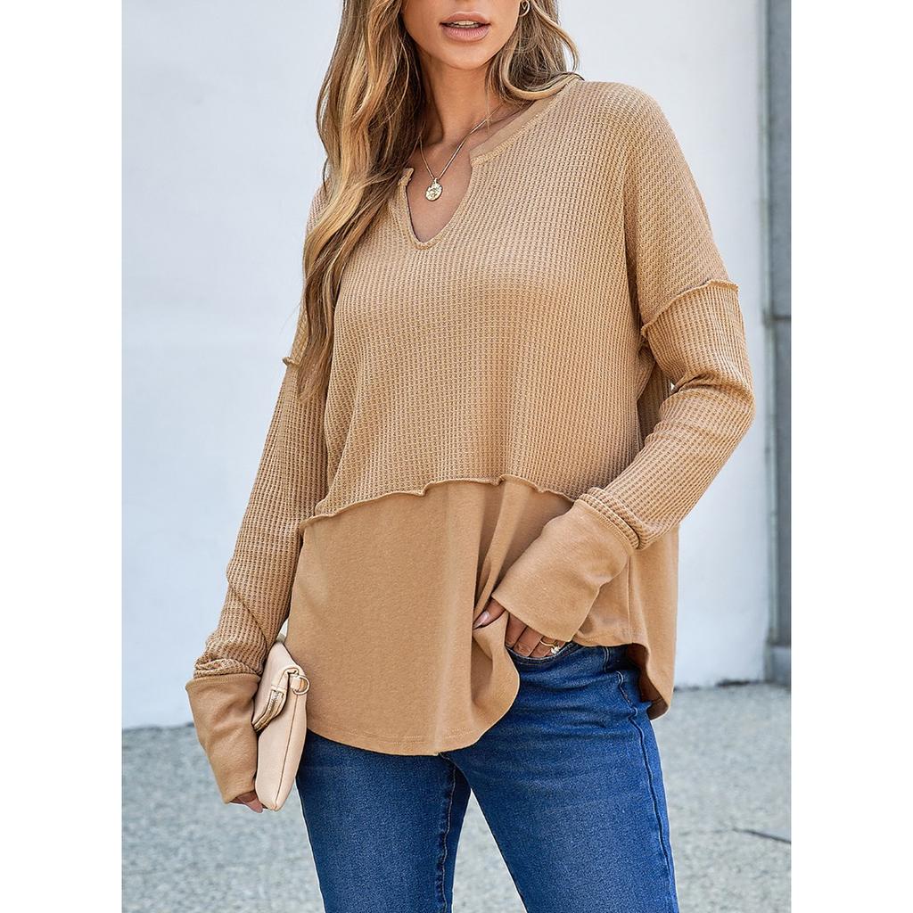 IHUASU Autumn Winter Women's Casual Shirt Solid Color Long Sleeve Splicing Solid Color Loose Hoodie Women On