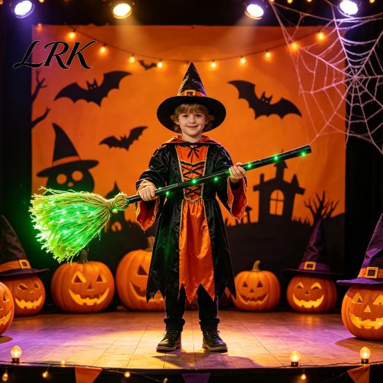 Scopa da Strega di Halloween con Luce LED Verde, Oggetto di Scena Luminoso per Prestazioni, Decorazione da Mago Cosplay Luminescente per Feste, Manico di Scopa, Tematica Costumi