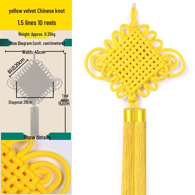 Handmade Yellow Tassel Chinese Knot Pendant for New Year: Fu Character Hanging Ornament for Entrance or Living Room, Available in Large and Small.