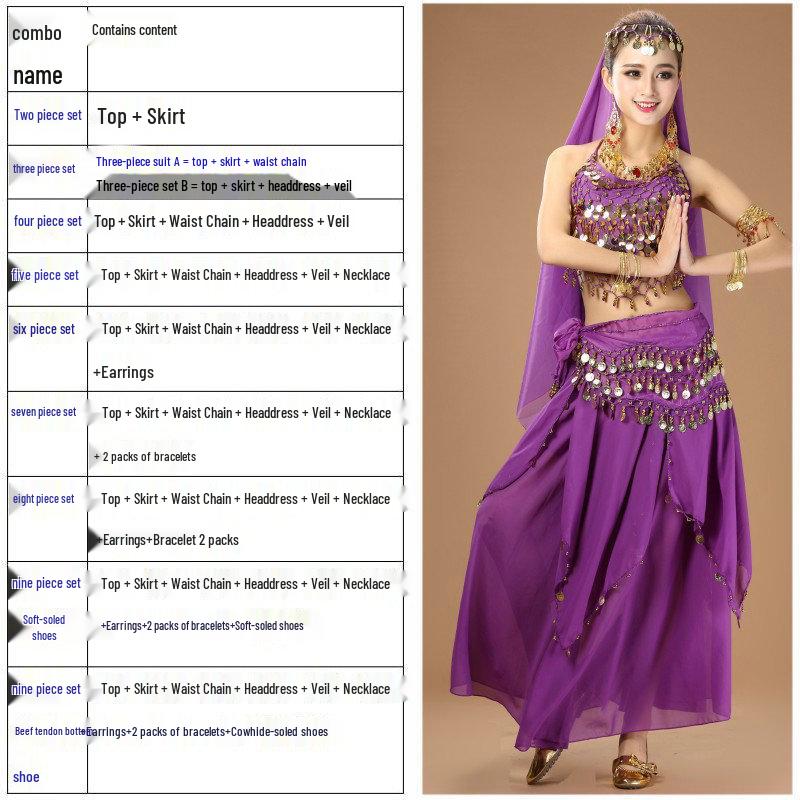 Set Costume da Danza del Ventre Indiana da Donna - Abito Etnico da Esibizione sul Palco con Fascia per la Vita e Gonna