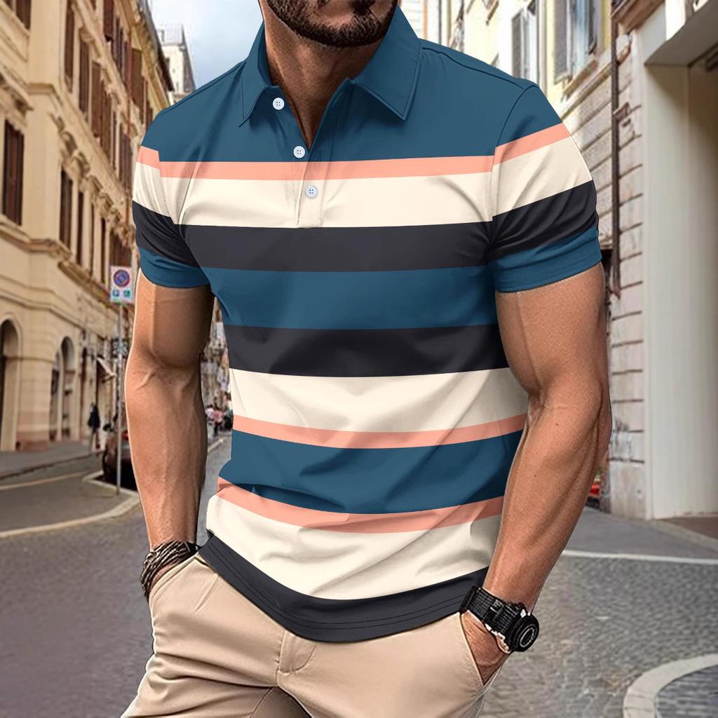 New Men's Casual Polo Shirt with V-Neck and Button Placket Versatile Business-Striped T-Shirt Top