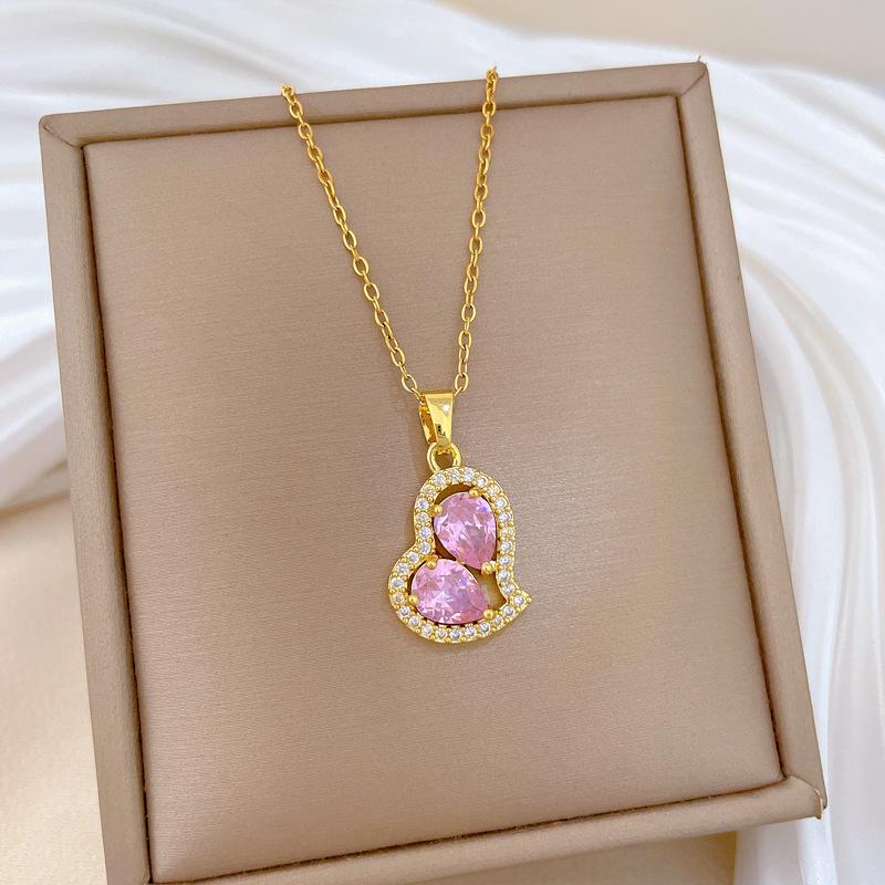 Irregular Pink Love Light Luxury Temperament Gorgeous Full Diamond Necklace Female Versatile Collarbone Chain Titanium Steel Chain