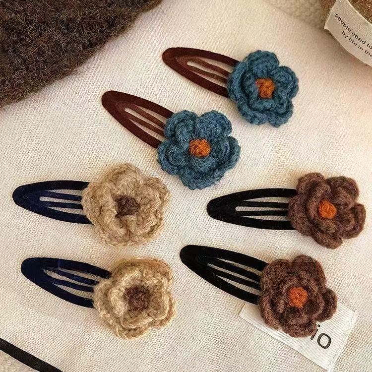 Women's Wool Knitted Flower Hair Clip - Versatile Flocked Edge BB Clip for Sweet, Gentle Bangs