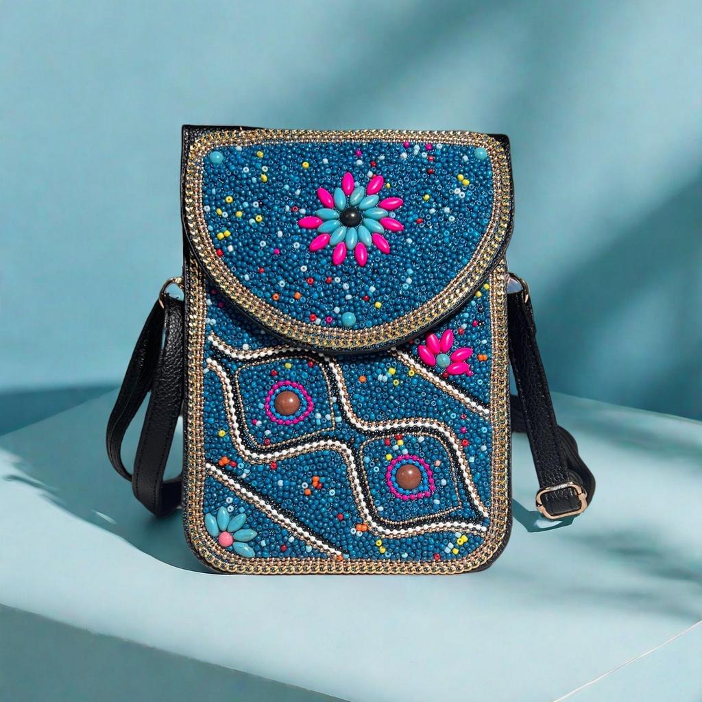 Women's Small Crossbody Cell Phone Bag Boho-Style Colorful Beaded Purse Wallet with Handmade Patterns Lightweight Cell Phone Shoulder Bag for Women