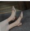 2024 Summer Mid-Heel Nude Pointed-Toe Studded Peep-Toe Chunky Heel Backless Sandals for Women