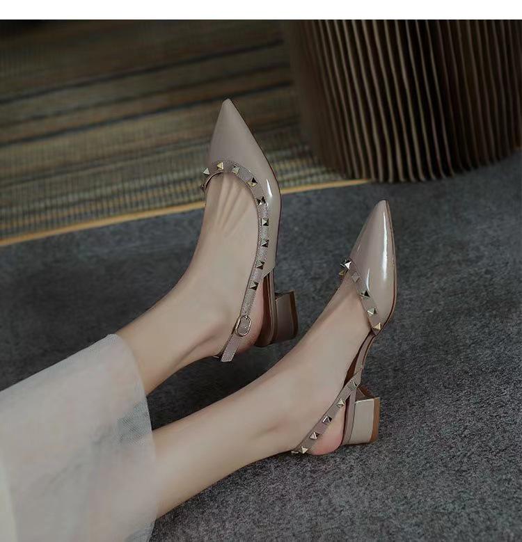 2024 Summer Mid-Heel Nude Pointed-Toe Studded Peep-Toe Chunky Heel Backless Sandals for Women