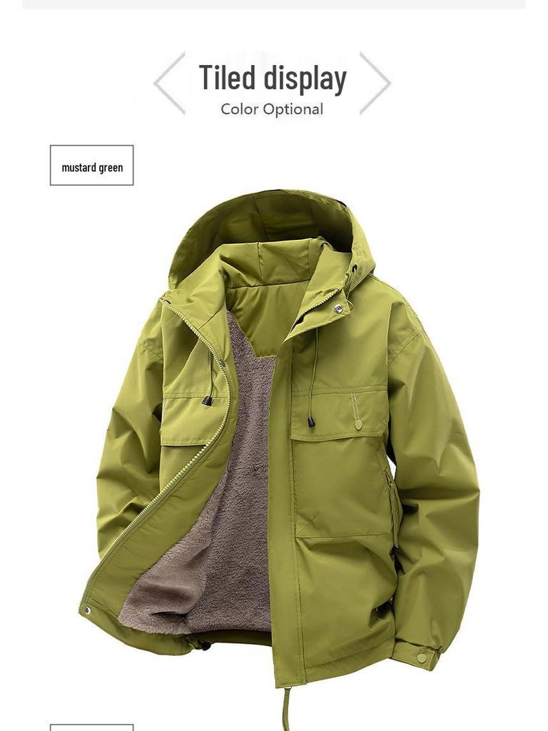 High-Quality Men's Hooded Workwear Jacket - Unisex Solid Color, Plus Velvet for Autumn & Winter