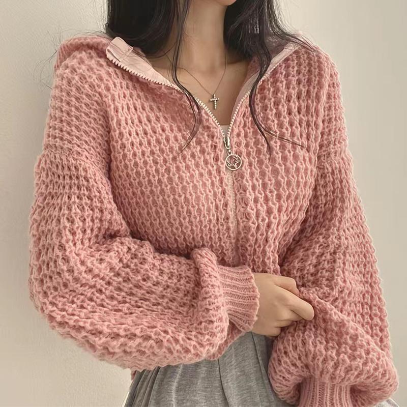 Pletený svetr s kapucí a volným zipem s dlouhým rukávem