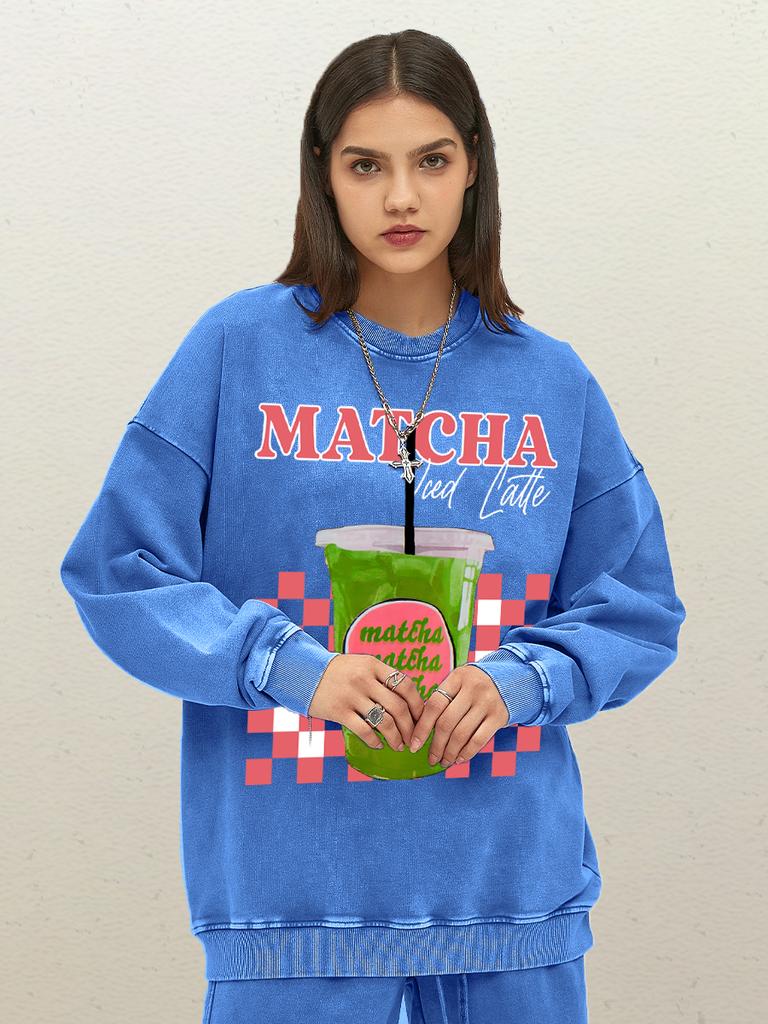Matcha Green Iced Drink Prints Women Washed Sweatshirt Oversize Cotton Pullover Street Autumn Clothes Casual O-Neck Sportswear
