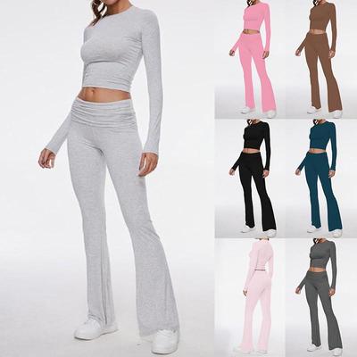 2024 Women's Solid Color Long Sleeve Two-Piece Set with Round Neck