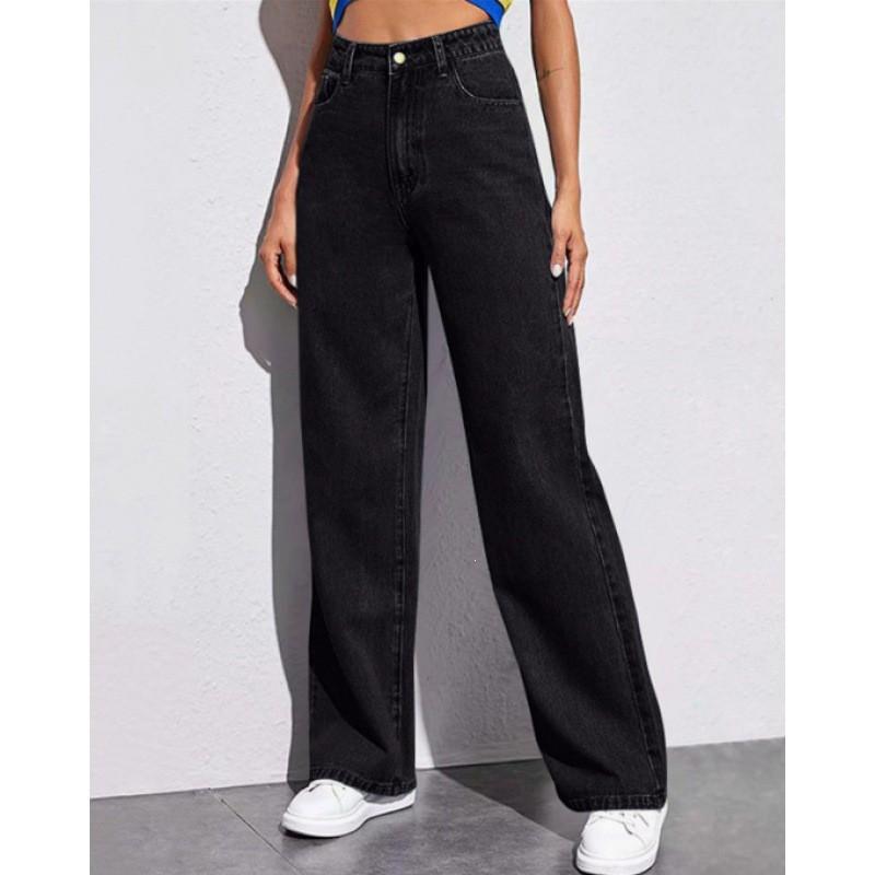 Damen Jeans mit hohem Bund, geradem Bein, lockerer Passform, lässiger Vintage-Stil, Baumwollmischung, lange Hose