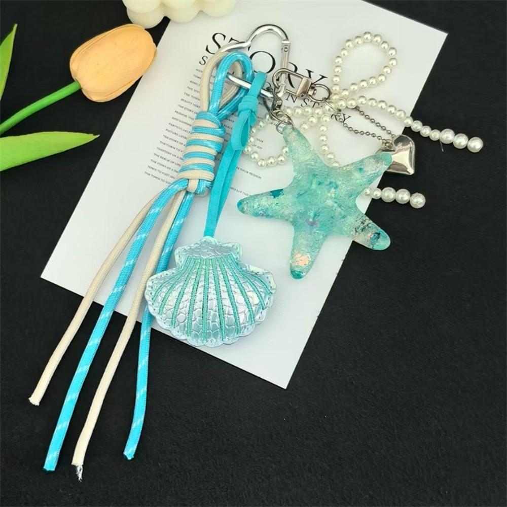DIY Jewelry Starfish Shell Keychain Pearl Bow Key Ring Fashion Mobile Chain Pendant Women Girls синий