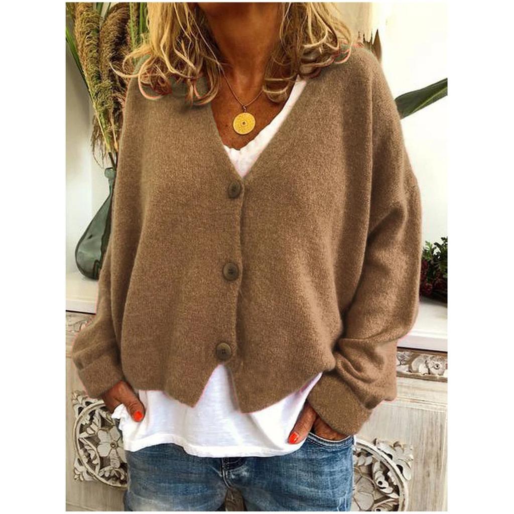 Women's Spring and Autumn Loose Knit Cardigan Solid Color V-neck Long-sleeved Single-breasted Loose Knit Sweater Coat